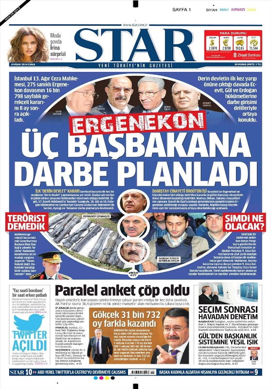 BUGÜNKÜ GAZETE MANŞETLERİ (4 NİSAN 2014 CUMA)