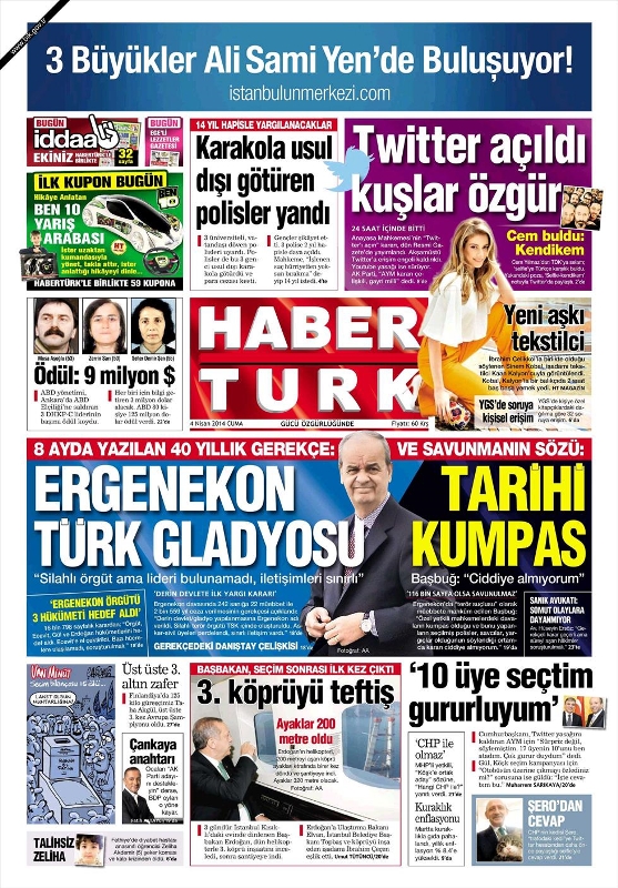 BUGÜNKÜ GAZETE MANŞETLERİ (4 NİSAN 2014 CUMA)
