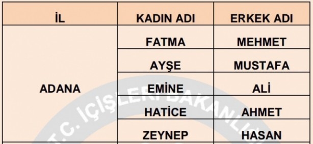 İşte illere göre en çok kullanılan isimler 51