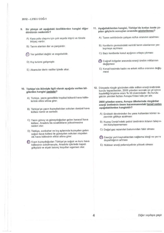 2012 LYS 3 Coğrafya soruları ve cevapları 5