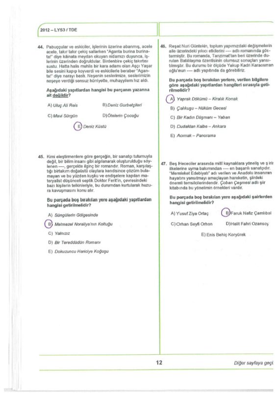 2012 LYS 3 Edebiyat soruları ve cevapları 13