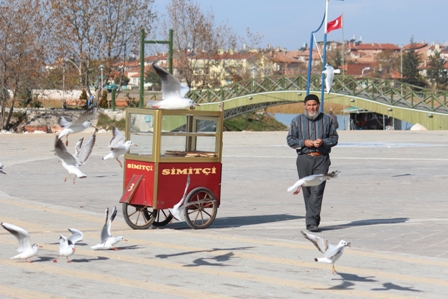 Su kuşlarını hamurişiyle besliyor