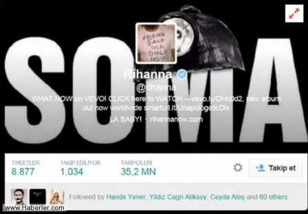 Rihanna, twitter profiline 'Soma' yazılı fotoğraf ekledi