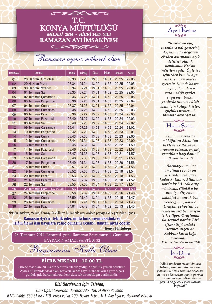 RAMAZAN AYI İMSAKİYESİ