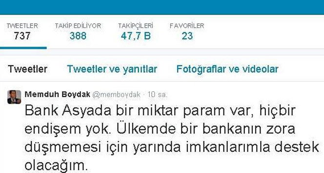Memduh Boydak'tan Bank Asya tweeti