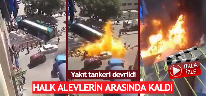 Devrilen tanker bir anda alev aldı!