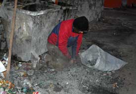 Küllerin arasında kömür arıyor