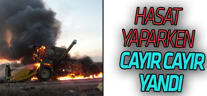 Konya'da mısır hasadı yapan biçerdöverde yangın
