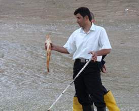 Gölden kaçan balıkları avlıyorlar