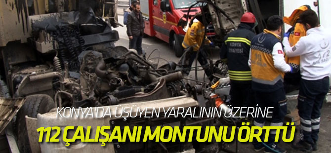 Konya'da üşüyen yaralının üzerine 112 çalışanı montunu örttü