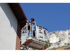 Boynuna ip dolanan kuşu itfaiye kurtardı