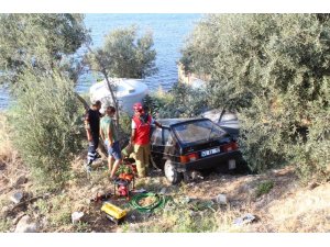 Alkollü sürücü otomobiliyle yol kenarındaki zeytin ağacının üstüne uçtu