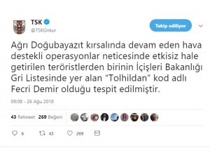 TSK: "Gri listede yer alan terörist öldürüldü"