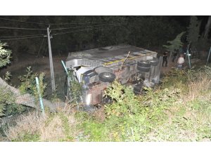 Yoldan çıkan kamyon bahçeye uçtu: 1 yaralı