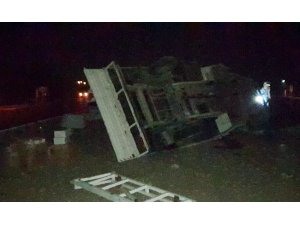 Yola atlayan koyunlara çarpan kamyonet devrildi: 3 yaralı