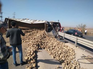 Pancar yüklü tır devrildi, yol trafiğe kapandı