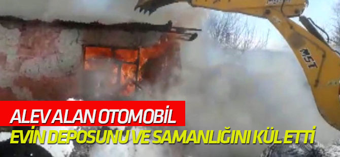 Alev Alan Otomobil Evin Deposunu ve Samanlığını Kül Etti