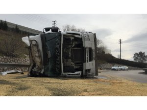 Tavuk yemi yüklü TIR yan yattı, otoban trafiğe kapandı