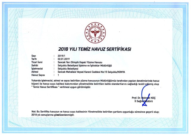 Sancak Yüzme Havuzu'na "Temiz Havuz Sertifikası"