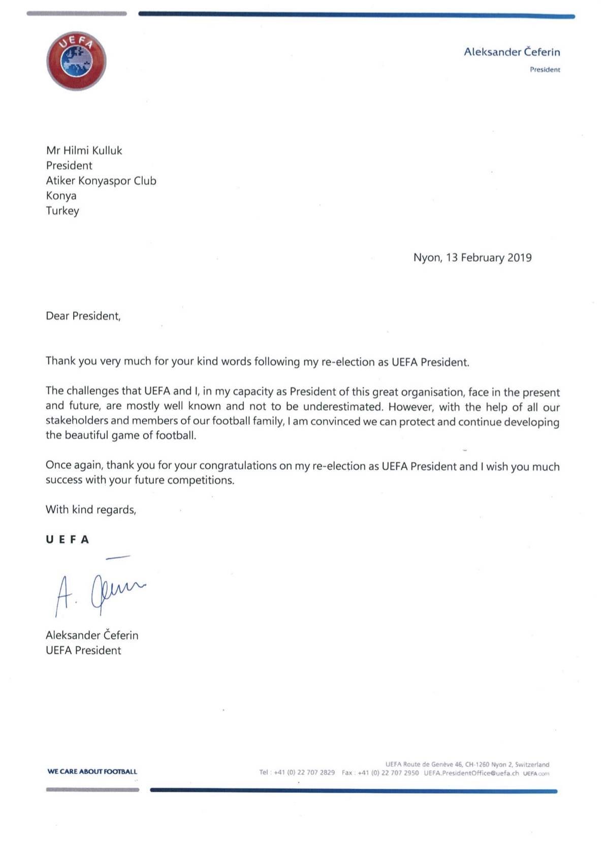 UEFA Başkanı Ceferin'den Kulluk'a teşekkür