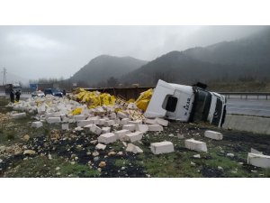 İnşaat malzemesi yüklü TIR devrildi, sürücü hafif yaralandı