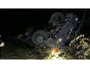 Odun yüklü kamyon devrildi, sıkışan sürücü kendi imkanlarıyla kurtuldu