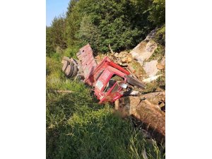 Tomruk yüklü kamyon uçuruma yuvarlandı: 2 yaralı