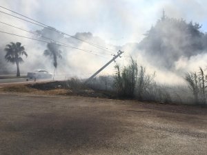Kazada yıkılan elektrik direği yangın çıkardı