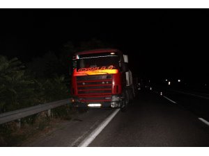 Tırın üzerindeki iş makinesi şarampole yuvarlandı