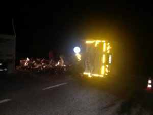 Kontrolden çıkan kamyon devrildi