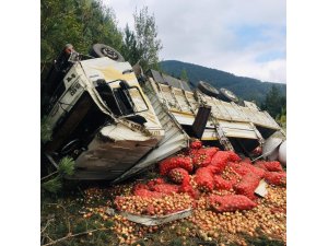 Soğan yüklü kamyon devrildi: 1 yaralı