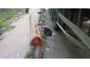 Tırdan üstüne tomruk düştü