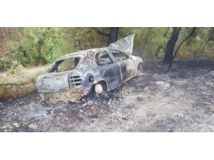 Virajı alamayarak ormana uçan otomobil alev aldı