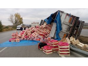 Sebze yüklü kamyon orta refüje devrildi