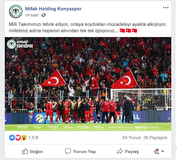 Konyaspor'dan Milli Takıma tebrik