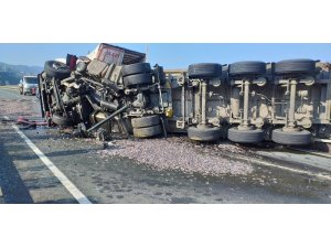 Trabzon’da hamsi yüklü tır kaza yaptı: 1 yaralı