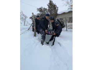 Jandarma ekipleri yolu kapanan mezradaki hastayı 2 kilometre taşıyarak ambulansa ulaştırdı