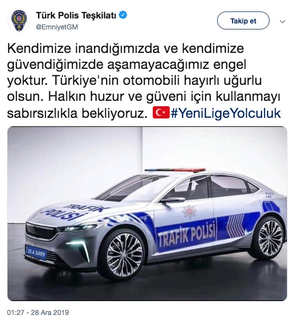 EGM'den ekip otosu fotoğrafıyla "Türkiye'nin Otomobili" paylaşımı