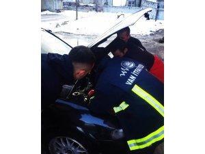 Otomobilin motor kısmına sıkışan kediyi itfaiye kurtardı