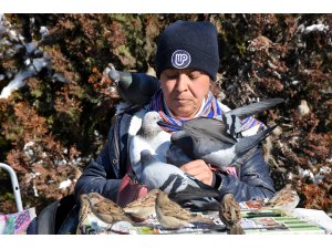 Başına konan "talih kuşları" ile insanlara şans dağıtıyor