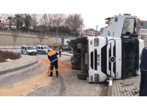 Kömür yüklü tır kontrolden çıkıp devrildi