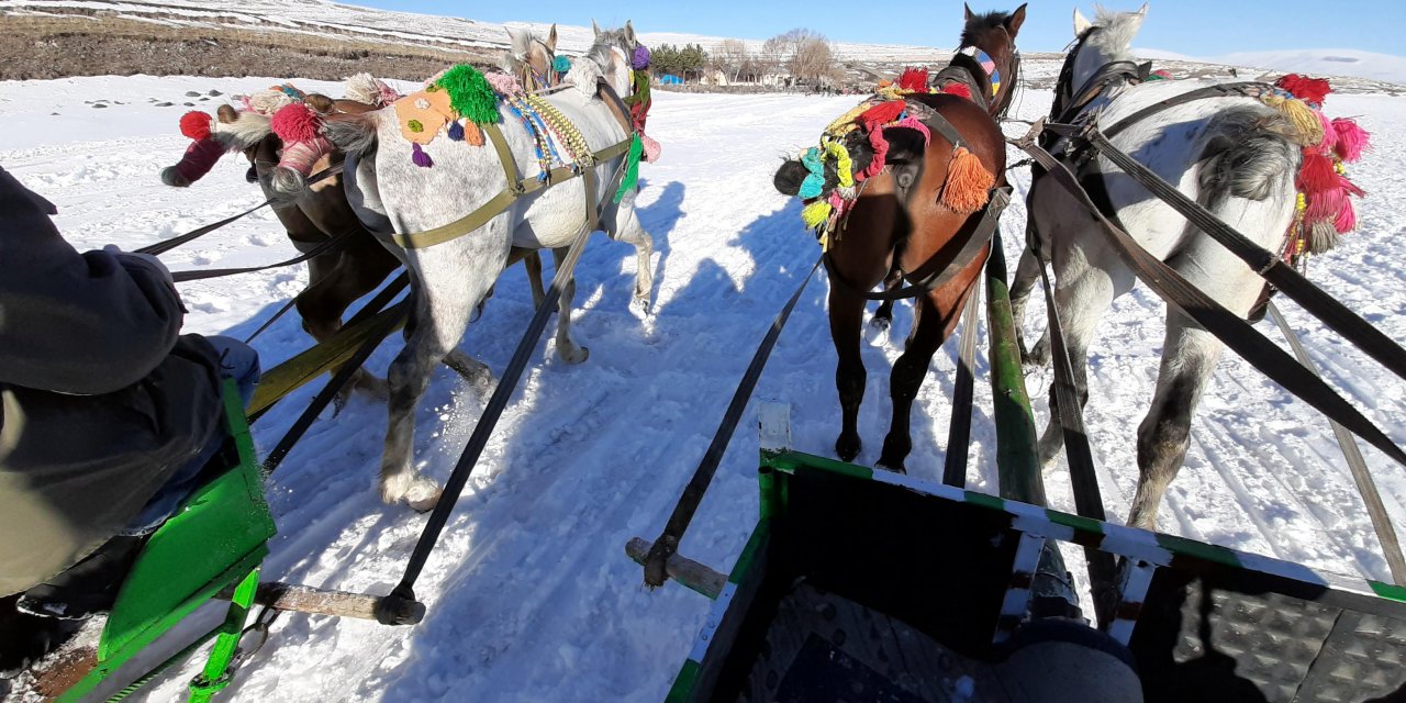Donan Çıldır Gölü üzerinde turistlerin atlı kızak keyfi