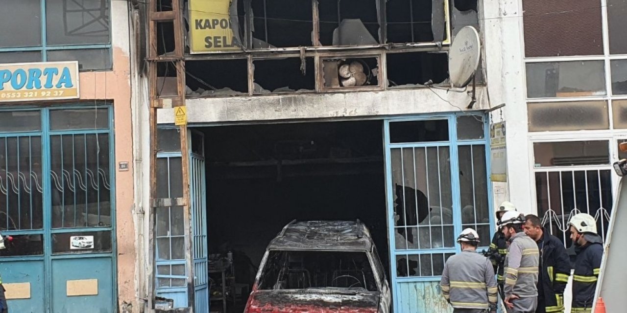 Kaporta dükkanında çıkan yangında 1 araç yandı