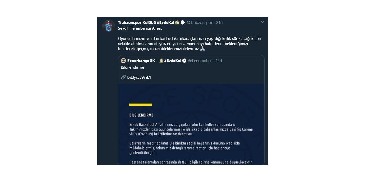 Trabzonspor’dan Fenerbahçe’ye geçmiş olsun mesajı