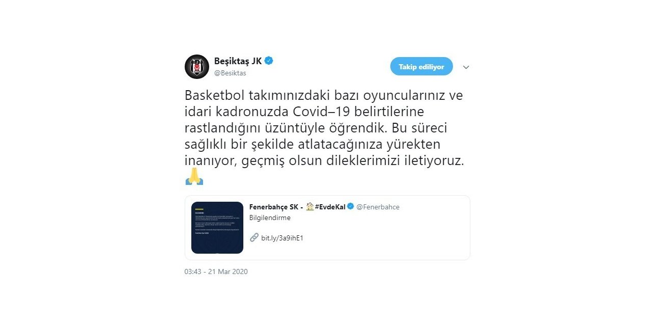 Beşiktaş’tan Fenerbahçe’ye geçmiş olsun mesajı