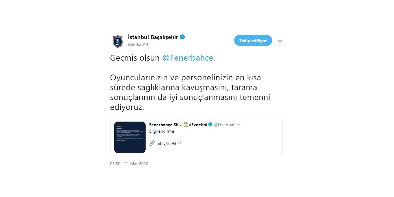Başakşehir’den Fenerbahçe’ye geçmiş olsun mesajı