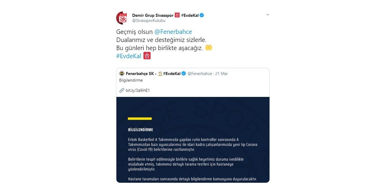 Sivasspor’dan Fenerbahçe’ye geçmiş olsun mesajı