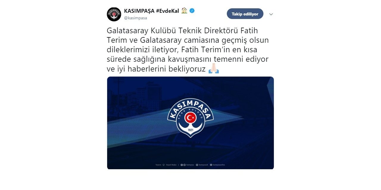 Kasımpaşa’dan Fatih Terim’e geçmiş olsun mesajı