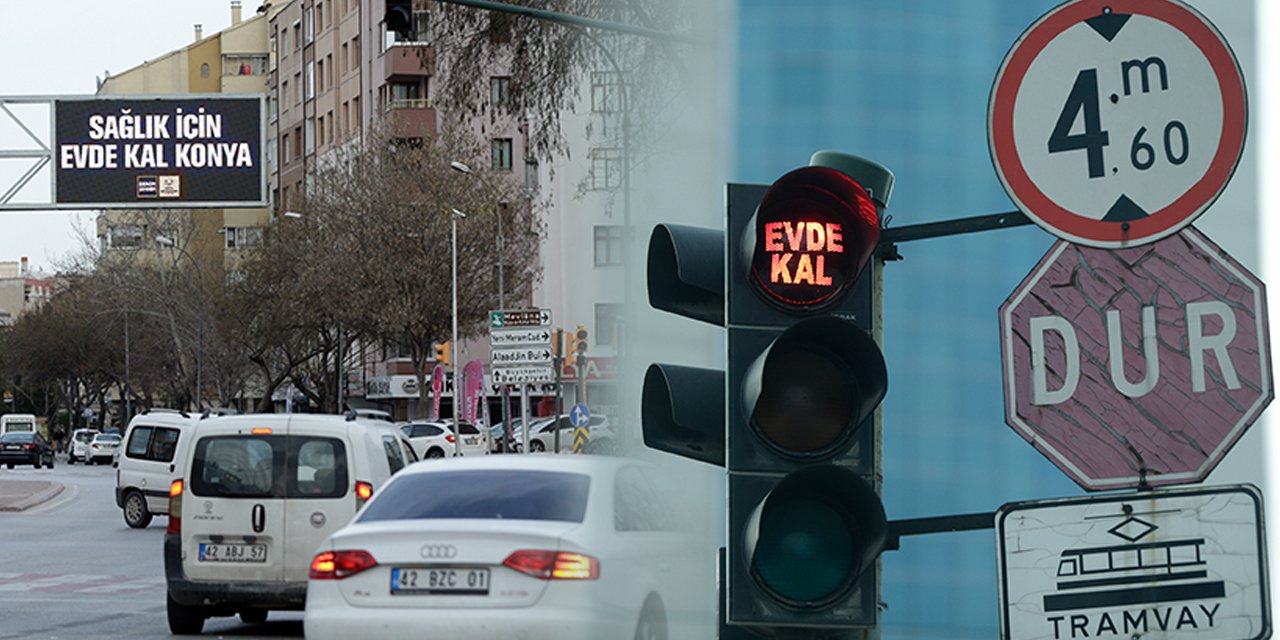 Konya'da trafik ışıkları ve led ekranlarla 'Evde kal' çağrısı