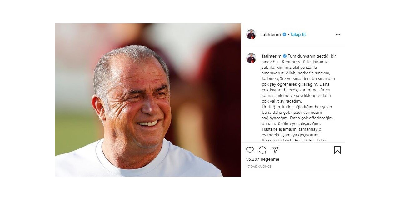 Fatih Terim: "Hastane aşamasını tamamlayıp evimdeki aşamaya geçiyorum"